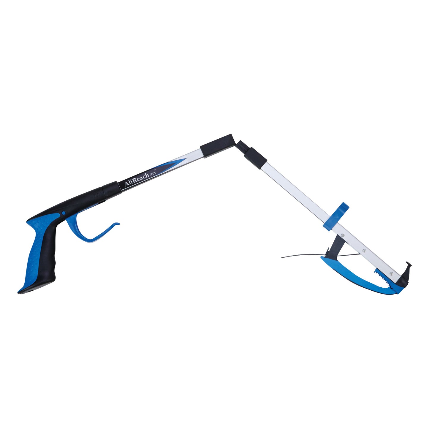 The AliMed AliReach Plus Folding Standard Reacher features a blue and black handle with a folding silver shaft and blue gripping tip.