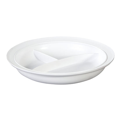 The AliMed Three-Compartment Divided Plate is a white, round plate designed with three sections to separate different foods.