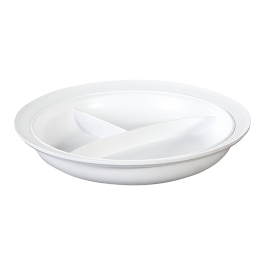 The AliMed Three-Compartment Divided Plate is a white, round plate designed with three sections to separate different foods.