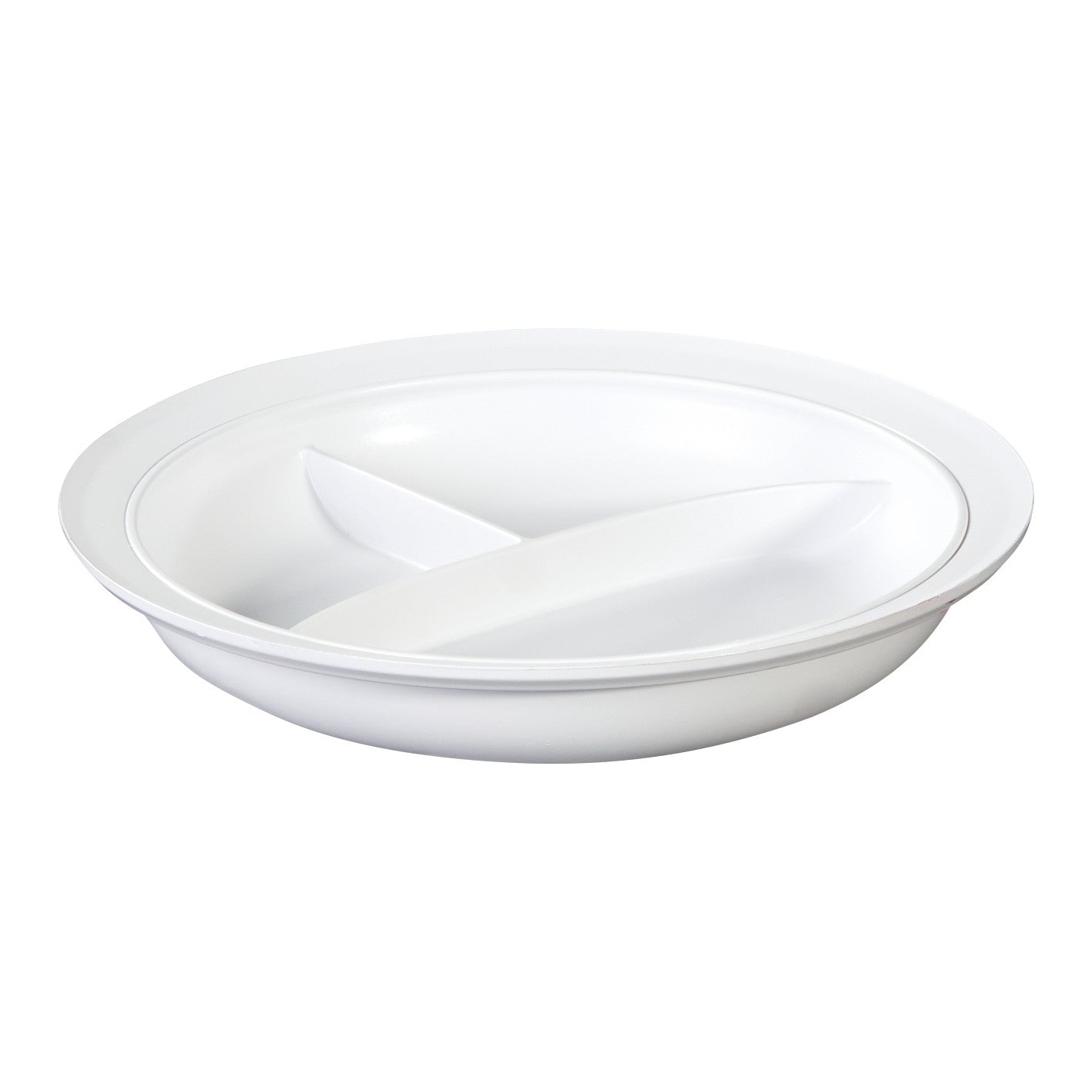 AliMed Three-Compartment Divided Plate in white, featuring three separate sections designed to keep food items distinct.