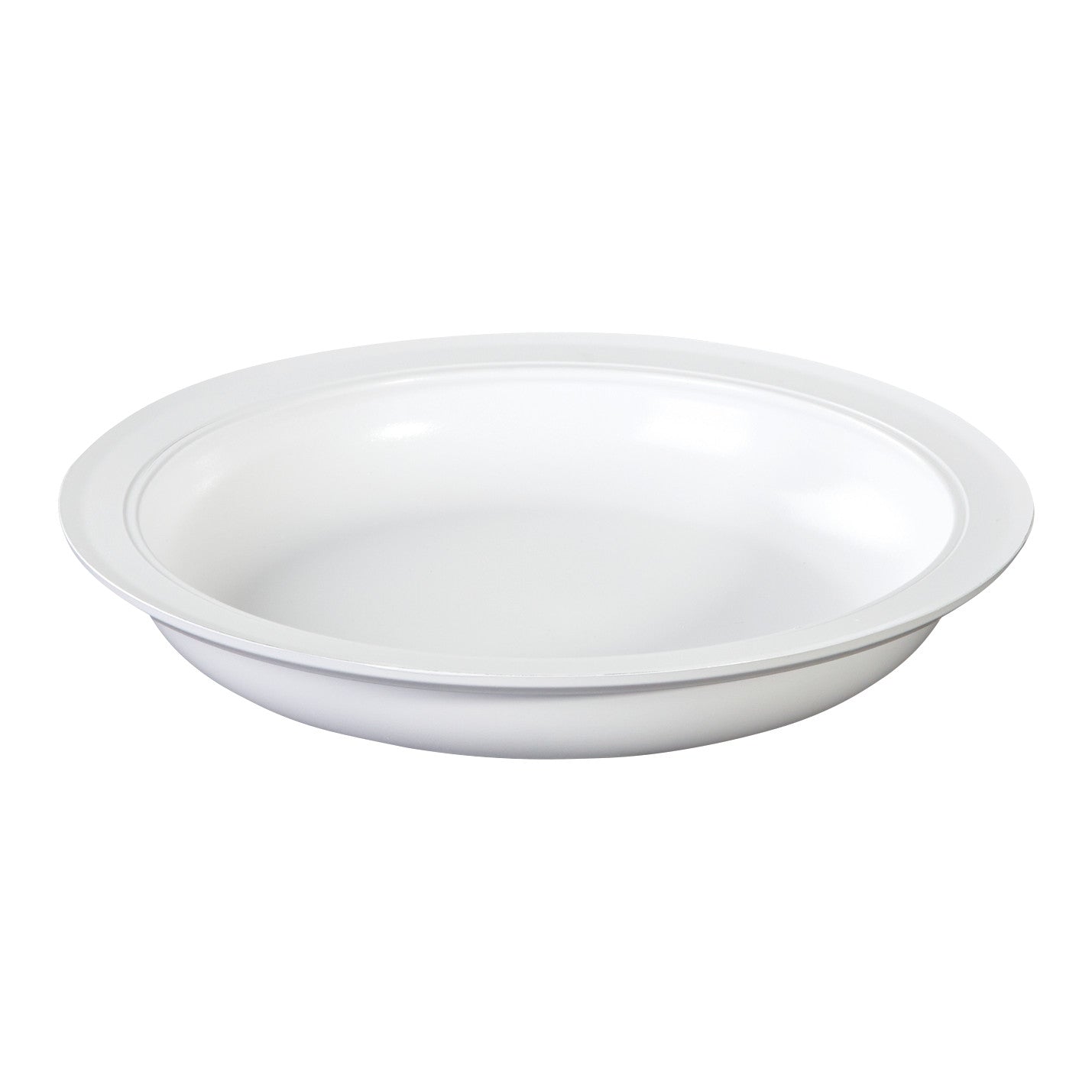 The AliMed Inner Lip Plate is a white dish with a raised inner edge, designed to help prevent spills and assist with scooping food.