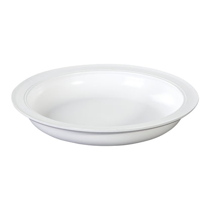 The AliMed Inner Lip Plate is a white plate with a raised rim designed to help prevent spills and assist with eating.