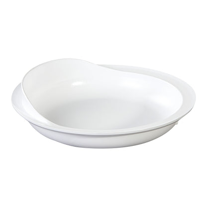 The AliMed High-Sided Scoop Dish is a white dish with a raised curved edge designed to aid in scooping food easily.