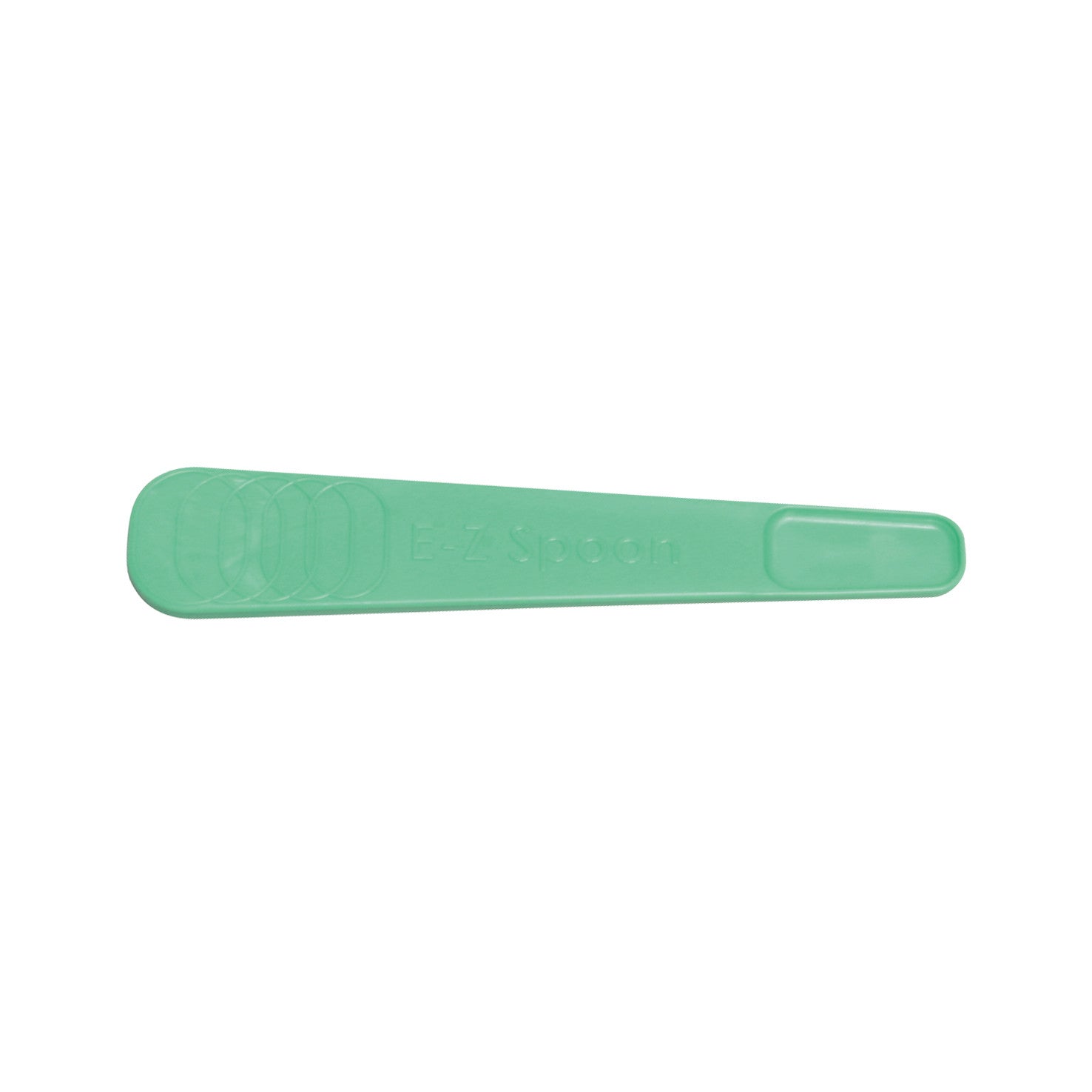 A green plastic Beckman E-Z Spoon, flat with rounded edges, featuring raised lettering and a simple design.
