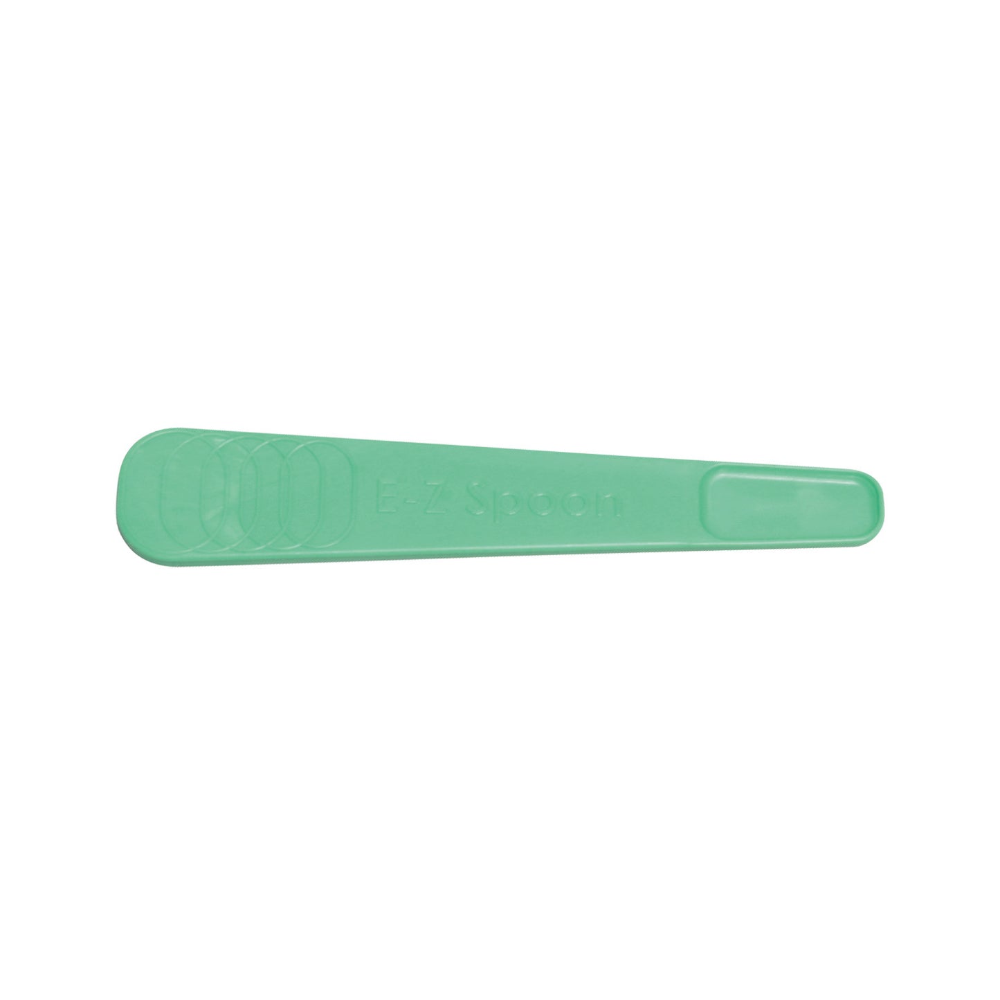 A green plastic Beckman E-Z Spoon, flat with rounded edges, featuring raised lettering and a simple design.
