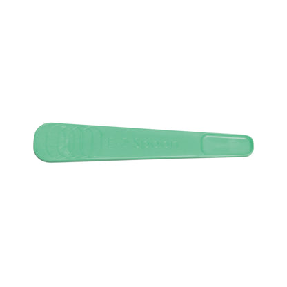 A green plastic Beckman E-Z Spoon, flat with rounded edges, featuring raised lettering and a simple design.