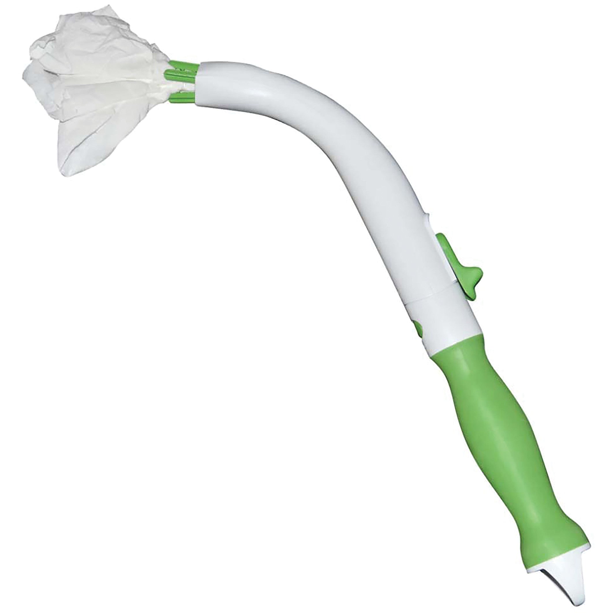 FreedomWand bathroom toilet aid with a green handle and a curved white shaft holding toilet tissue, designed for personal hygiene assistance.