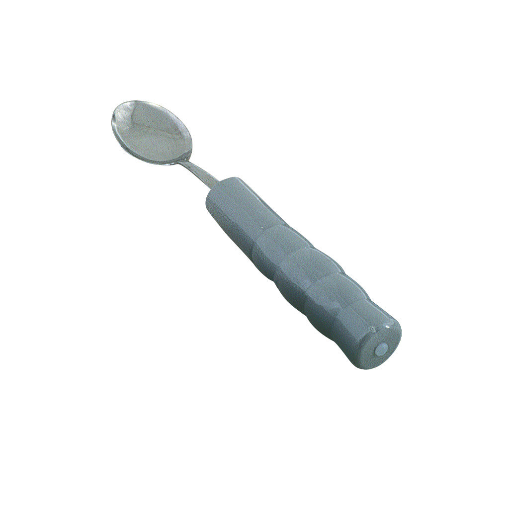 A spoon with a gray ergonomic grip, part of the Therafin Weighted-Handle Flatware collection, designed for easy handling.