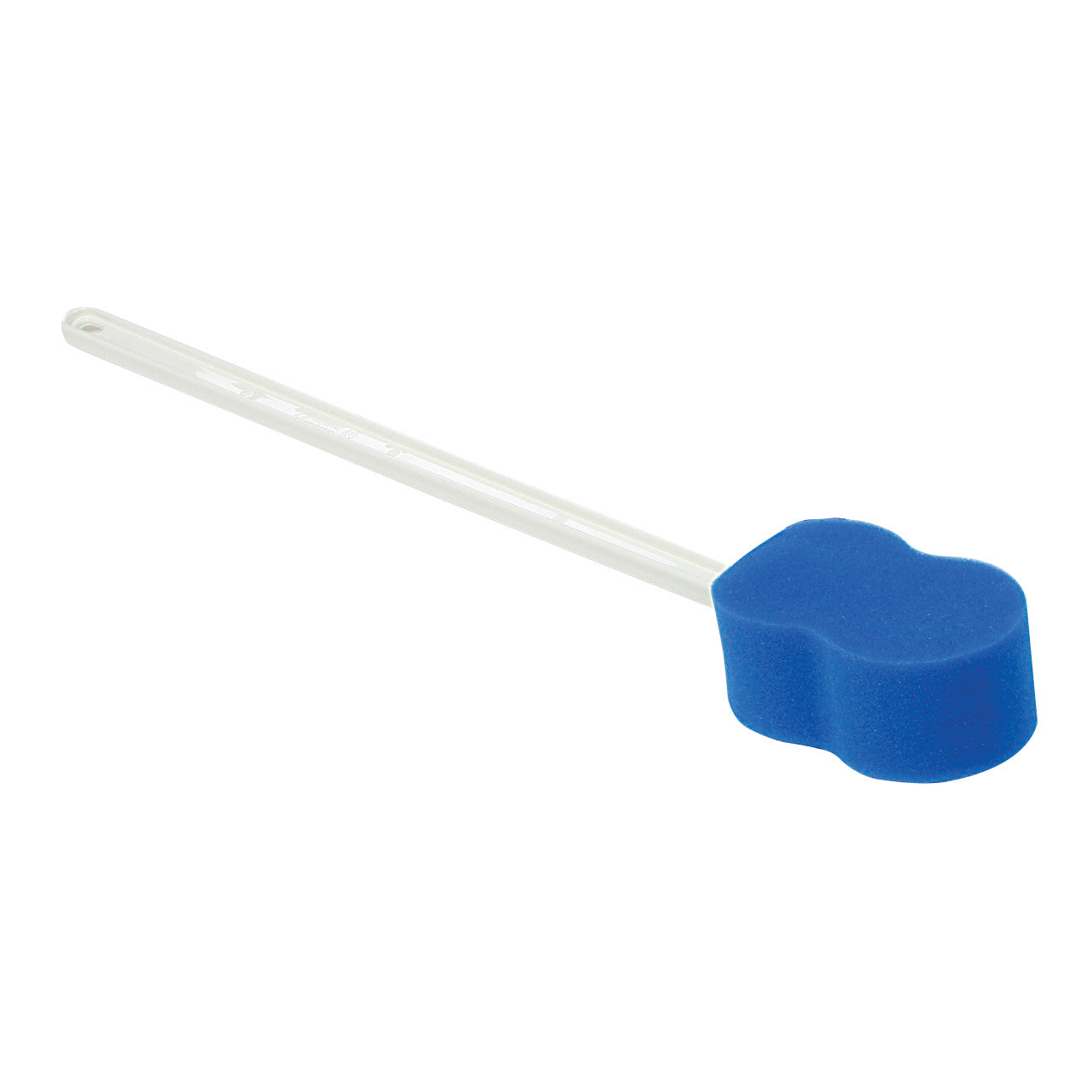 The image features an AliMed Scrub Pals Scrub Brush with a long white handle and a blue sponge head designed for cleaning.