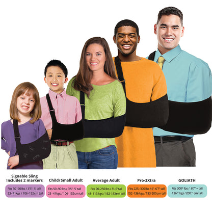 Five people of different sizes wear Brownmed Joslin Ultimate Arm Slings, showcasing size options from child to GOLIATH for various weights and heights.