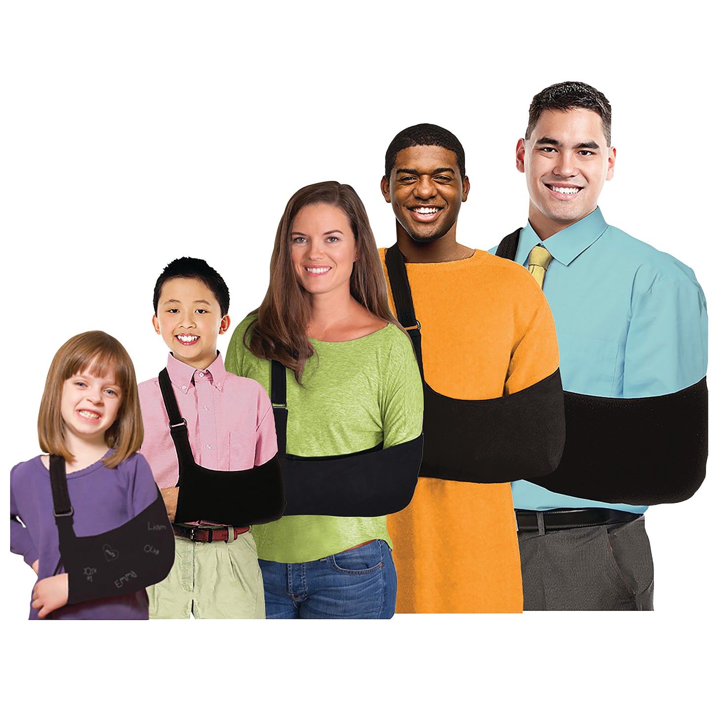 Four smiling individuals, a girl, boy, woman, and man, wear the Brownmed Joslin Ultimate Arm Sling in various sizes and colors.