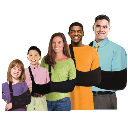Four smiling individuals, a girl, boy, woman, and man, wear the Brownmed Joslin Ultimate Arm Sling in various sizes and colors.