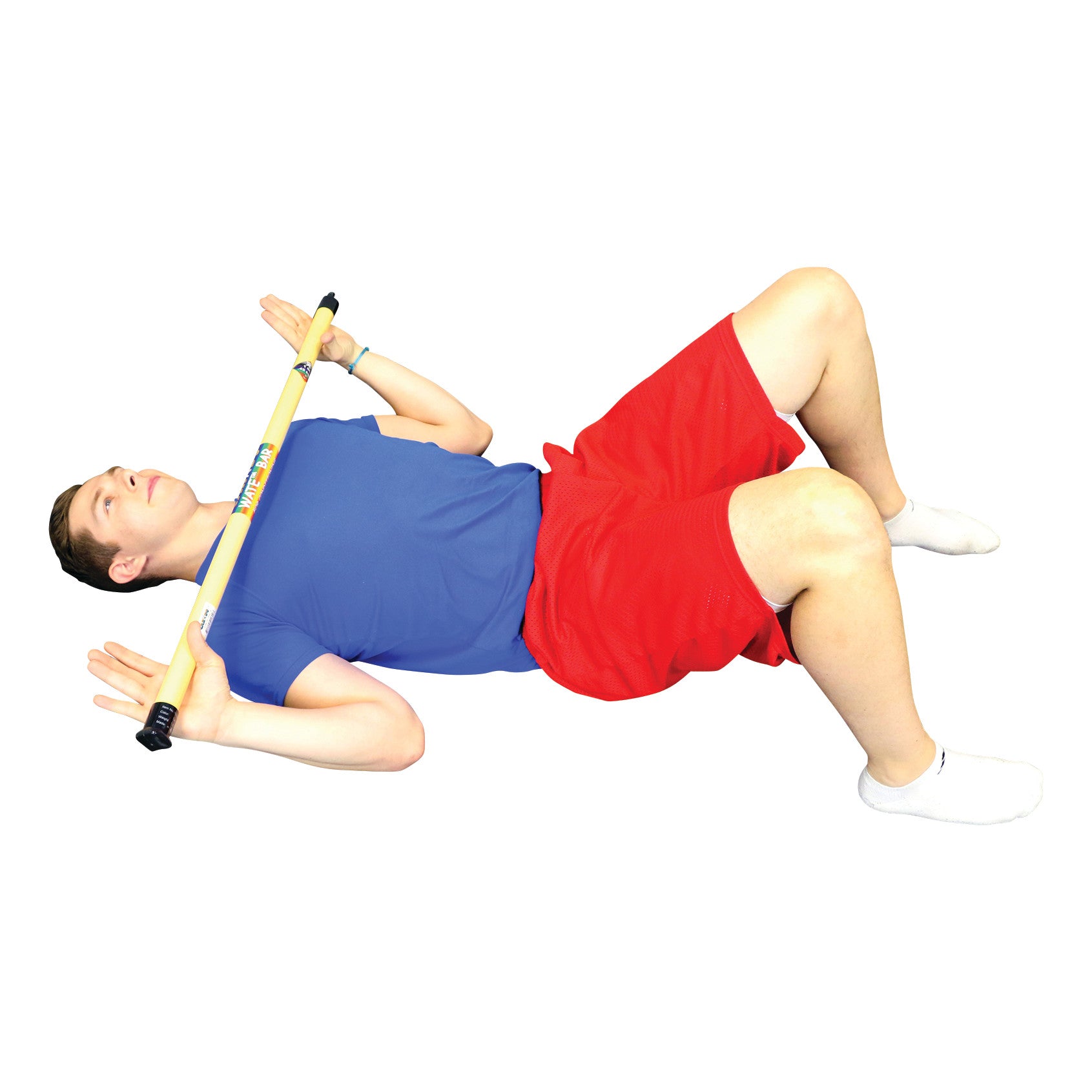 A person in a blue shirt and red shorts lies on their back, holding a CanDo WaTE Bar across their chest, knees bent with one foot flat.