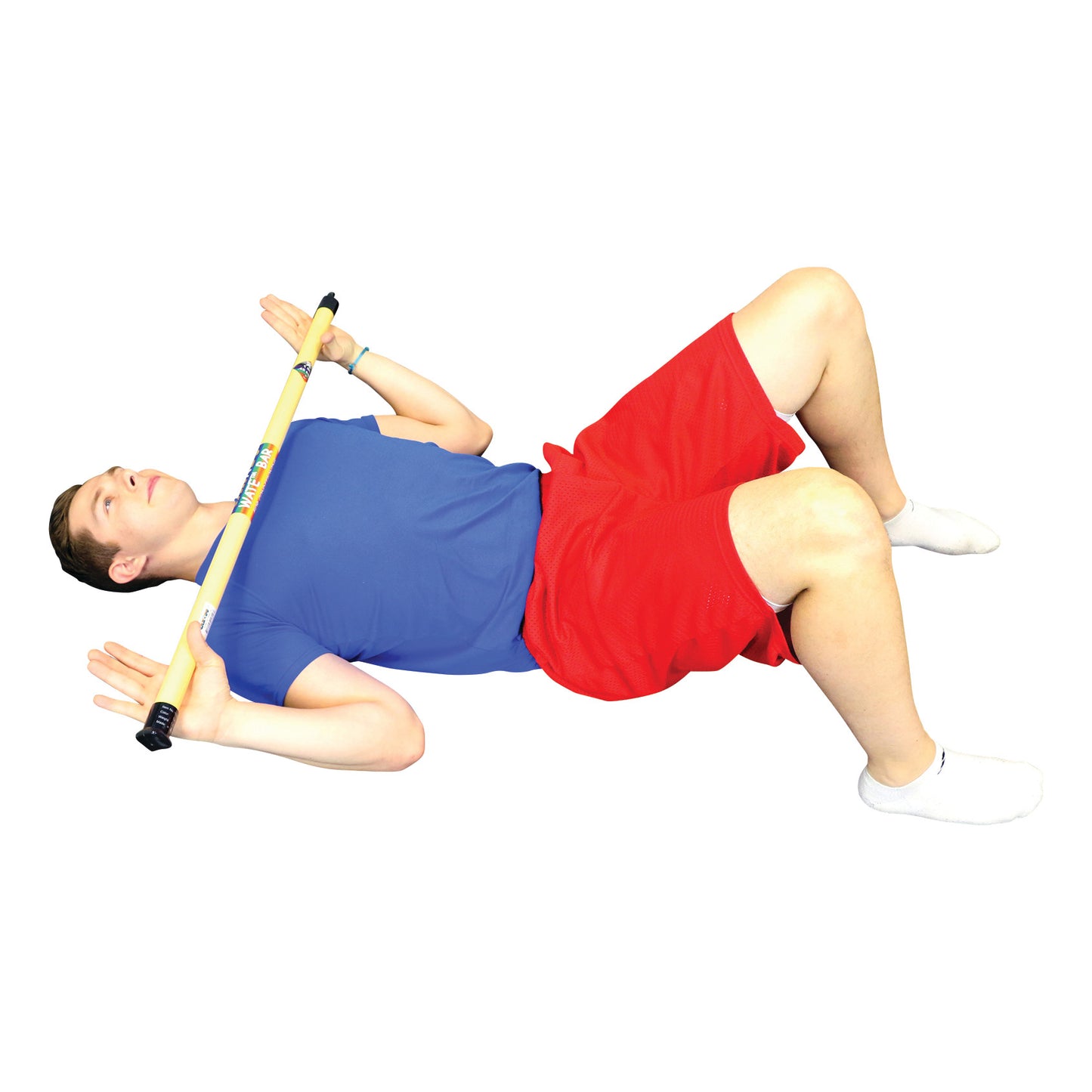 A person in a blue shirt and red shorts lies on their back, holding a CanDo WaTE Bar across their chest, knees bent with one foot flat.