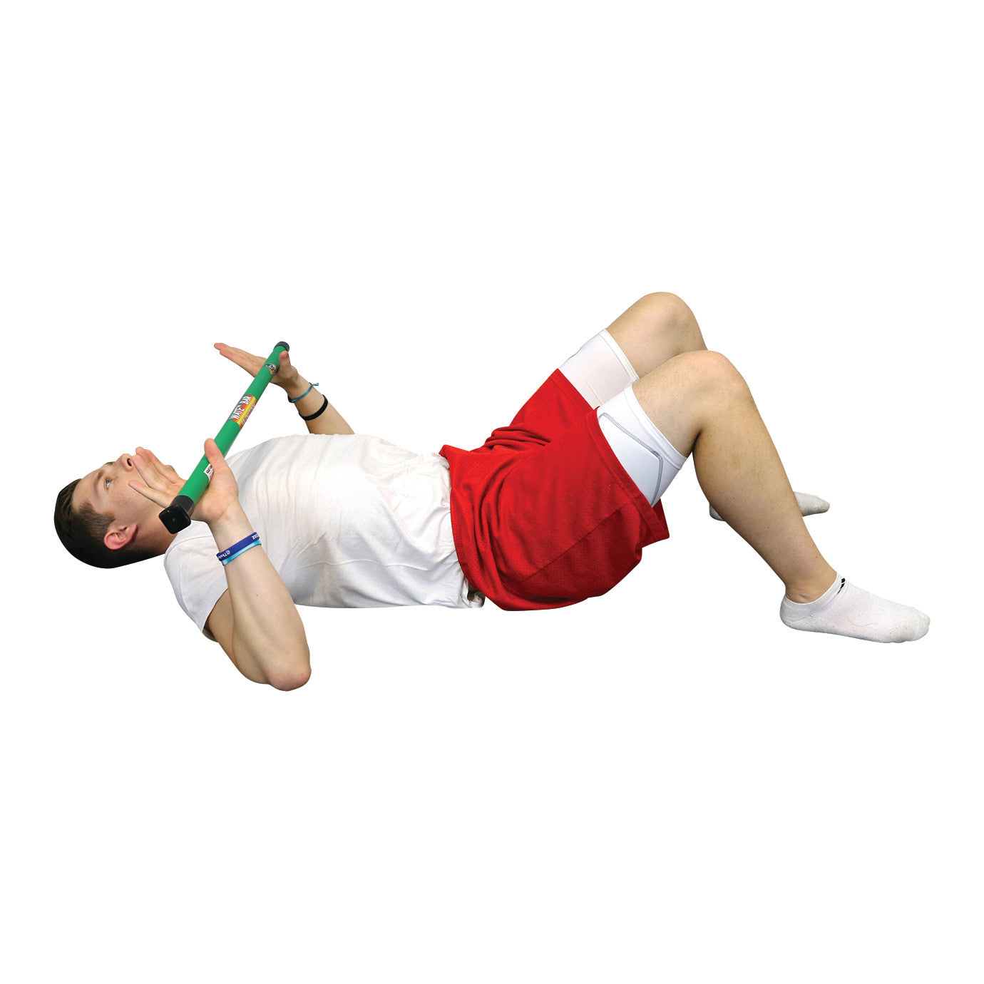 A person demonstrates the CanDo WaTE Bar exercise while lying on their back, wearing a white shirt and red shorts.