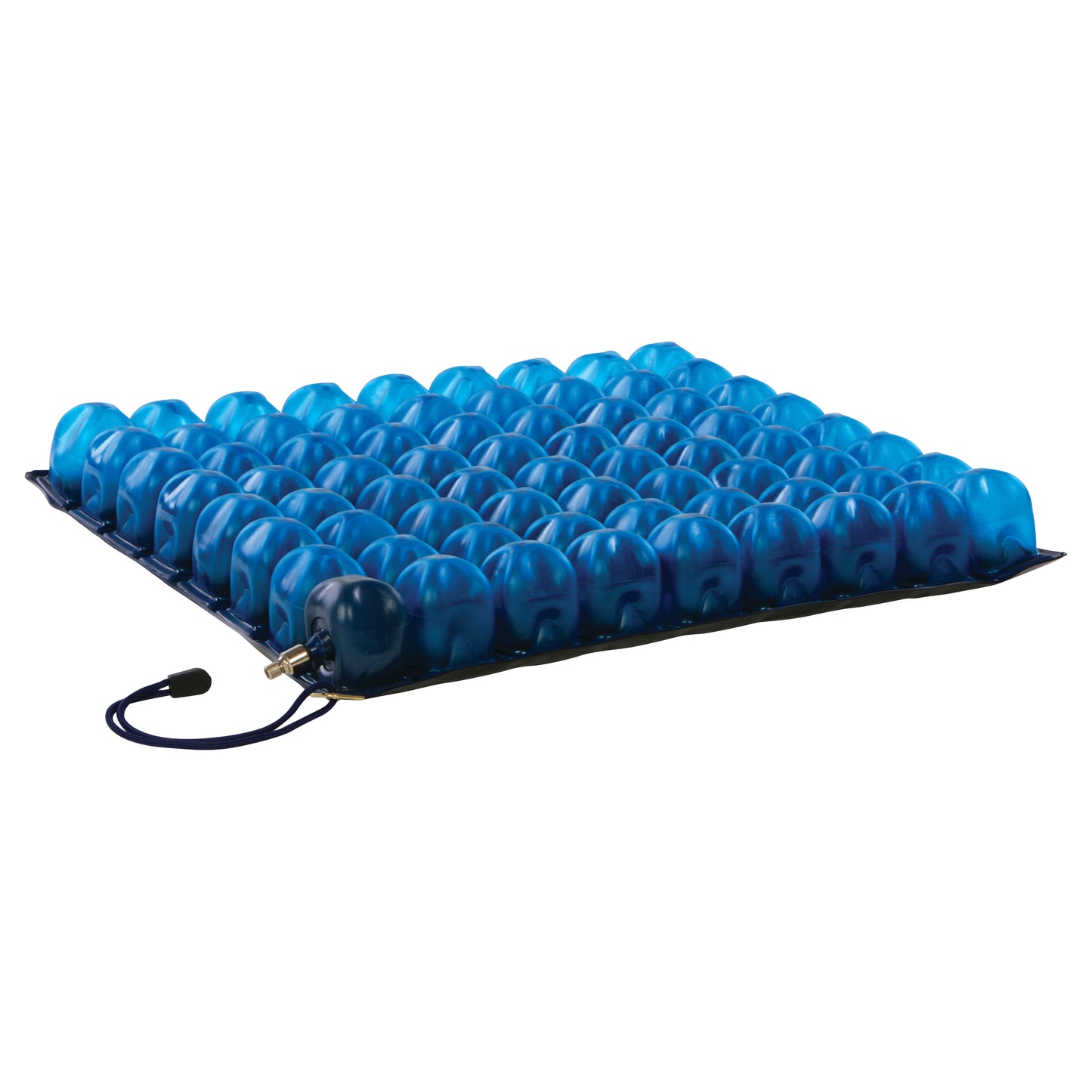 AliMed AeroCell II Single-Valve Low Cell Pressure-Relieving Wheelchair Cushion with blue interconnected air cells and an inflation valve.