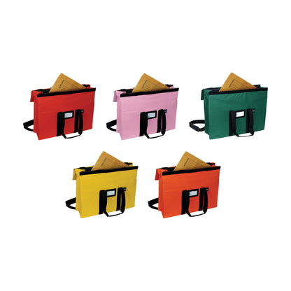 Five Expandable X-Port X-Ray Portfolios in red, pink, green, yellow, and orange, each containing a brown envelope, with black handles.