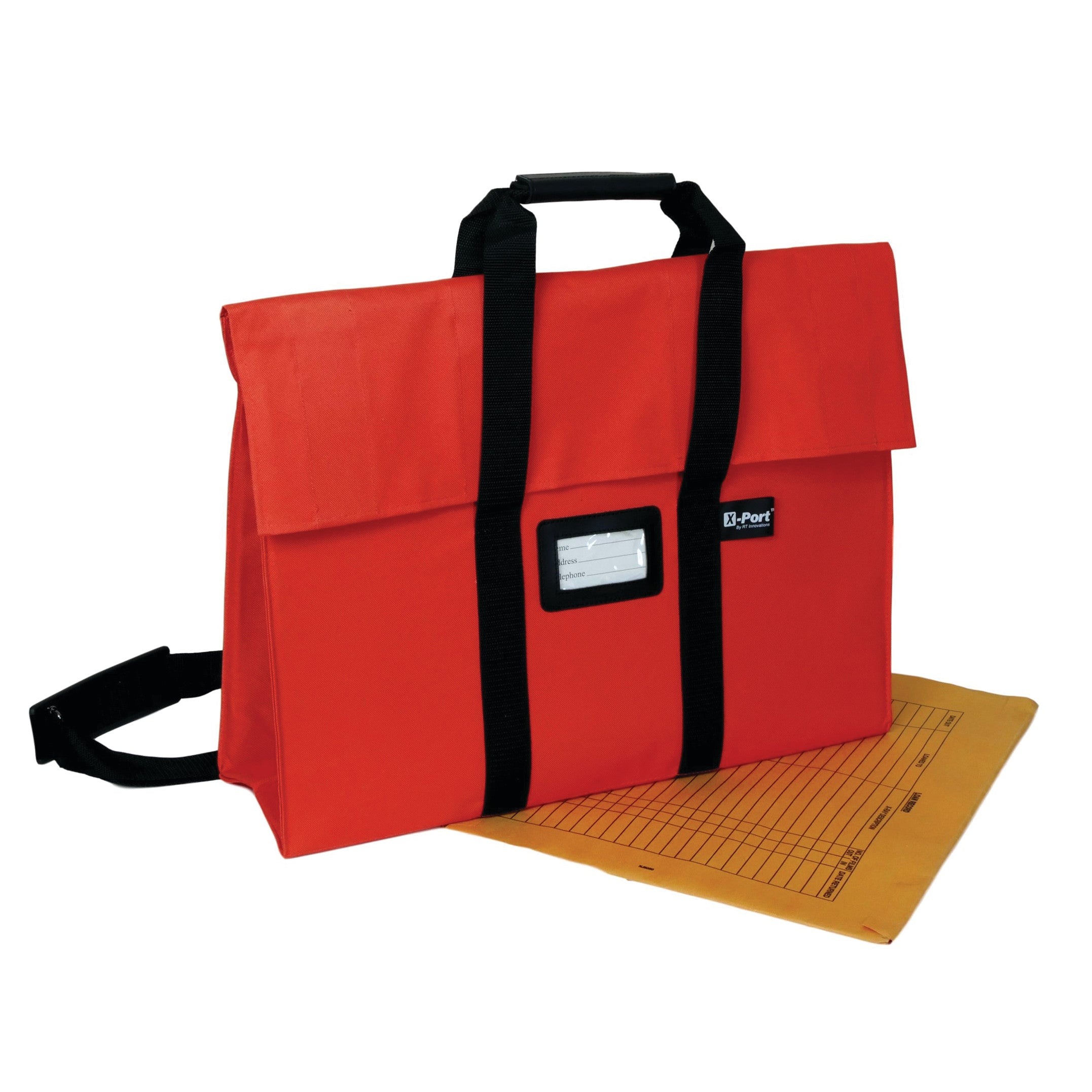 Expandable X-Port X-Ray Portfolio in red with a black handle and straps, featuring a clear label window, next to a file folder.
