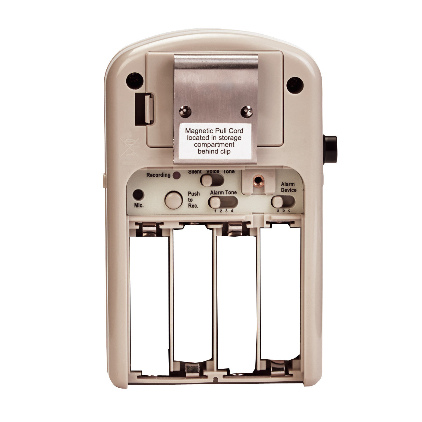 The back view of an AliMed IQ VOICE Alarm, featuring battery compartments and control buttons.