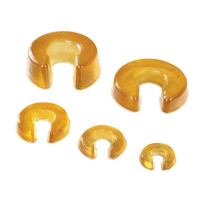 Five transparent yellow AliMed AliGel Horseshoe Donut cushions of varying sizes are displayed against a white background.