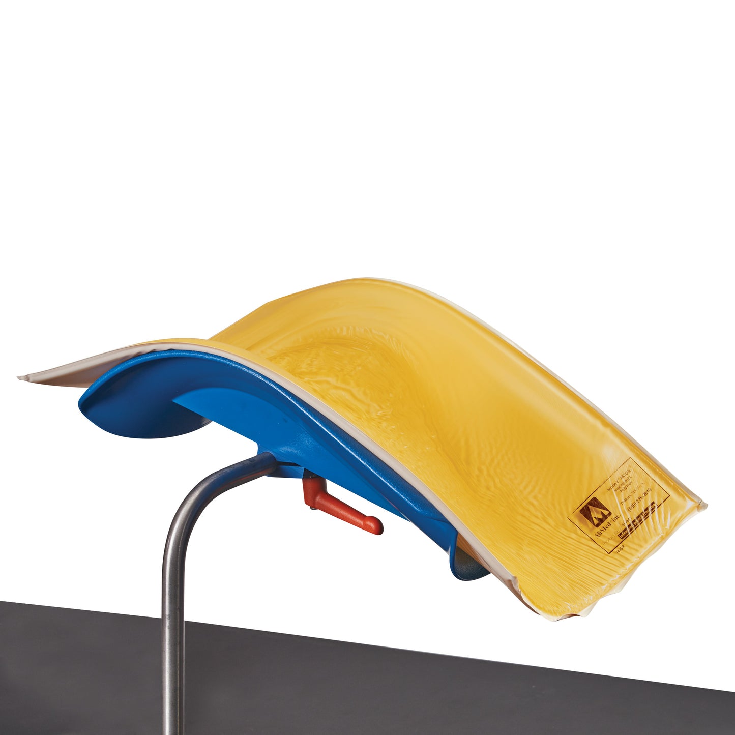 The AliMed AliGel Knee Crutch Pad, featuring a yellow gel surface, is mounted on a metal frame with a blue support underneath.