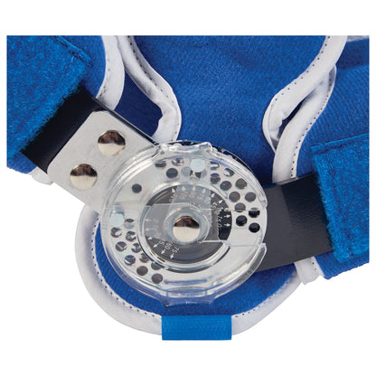 The AliMed Easy-On Elbow Brace features an adjustable, clear dial hinge on a blue and white padded fabric with metal fasteners.