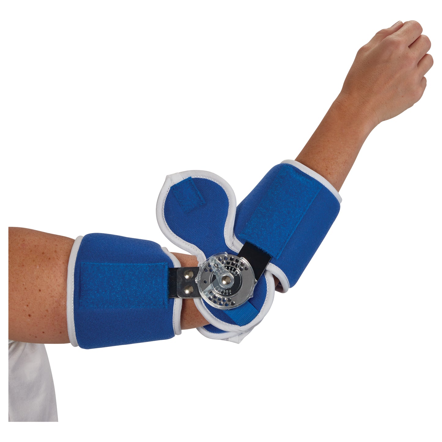 A person wearing the AliMed Easy-On Elbow Brace, featuring a blue fabric with a hinge mechanism for adjustable support.