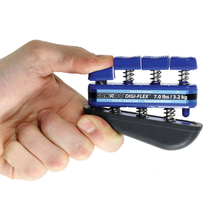 A hand holding a blue CanDo Digi-Flex Hand Exerciser, labeled 7.0 lbs/3.2 kg, showing finger springs for grip strengthening.