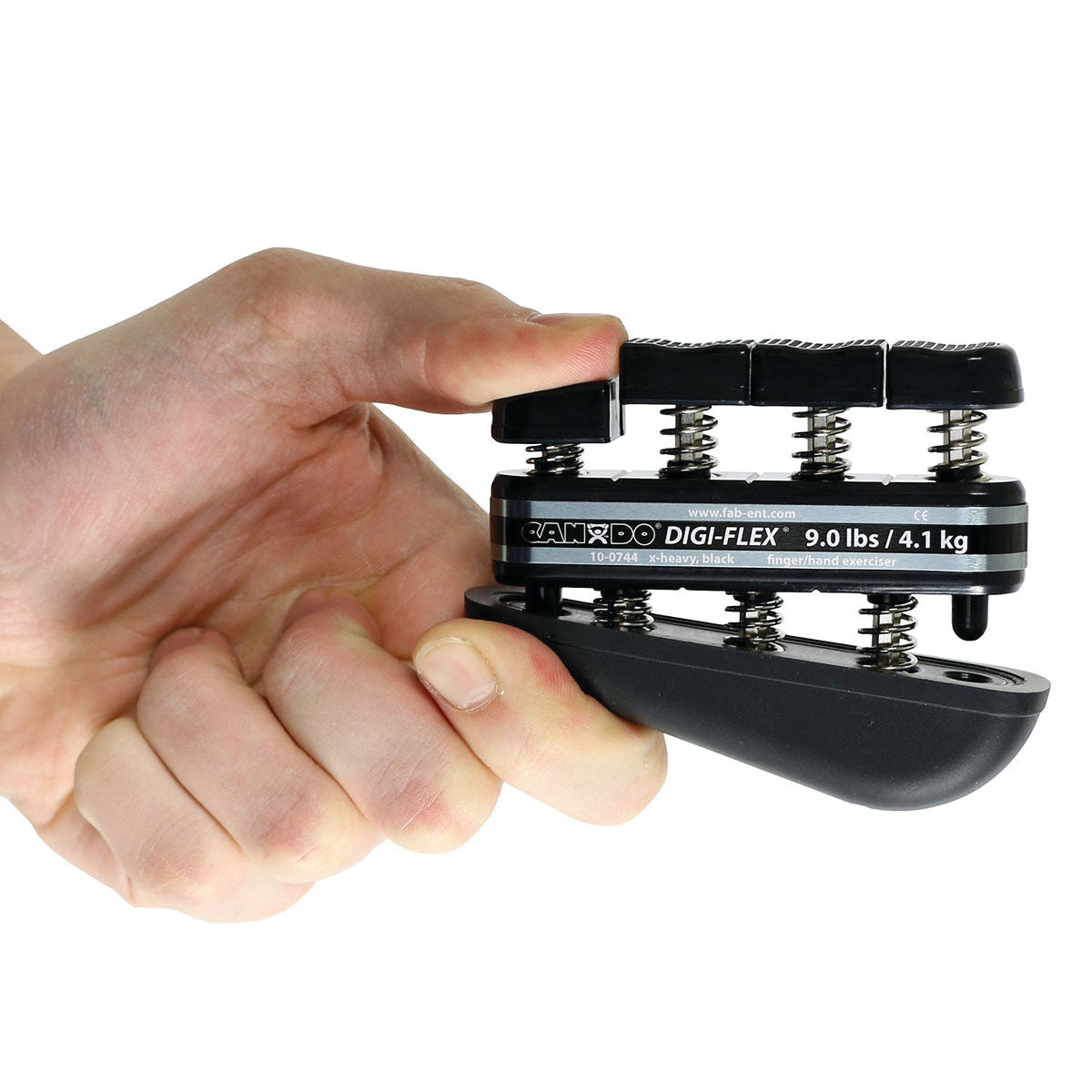 A hand grips the CanDo Digi-Flex Hand Exerciser, showing finger presses against resistance springs, labeled 9.0 lbs/4.1 kg.
