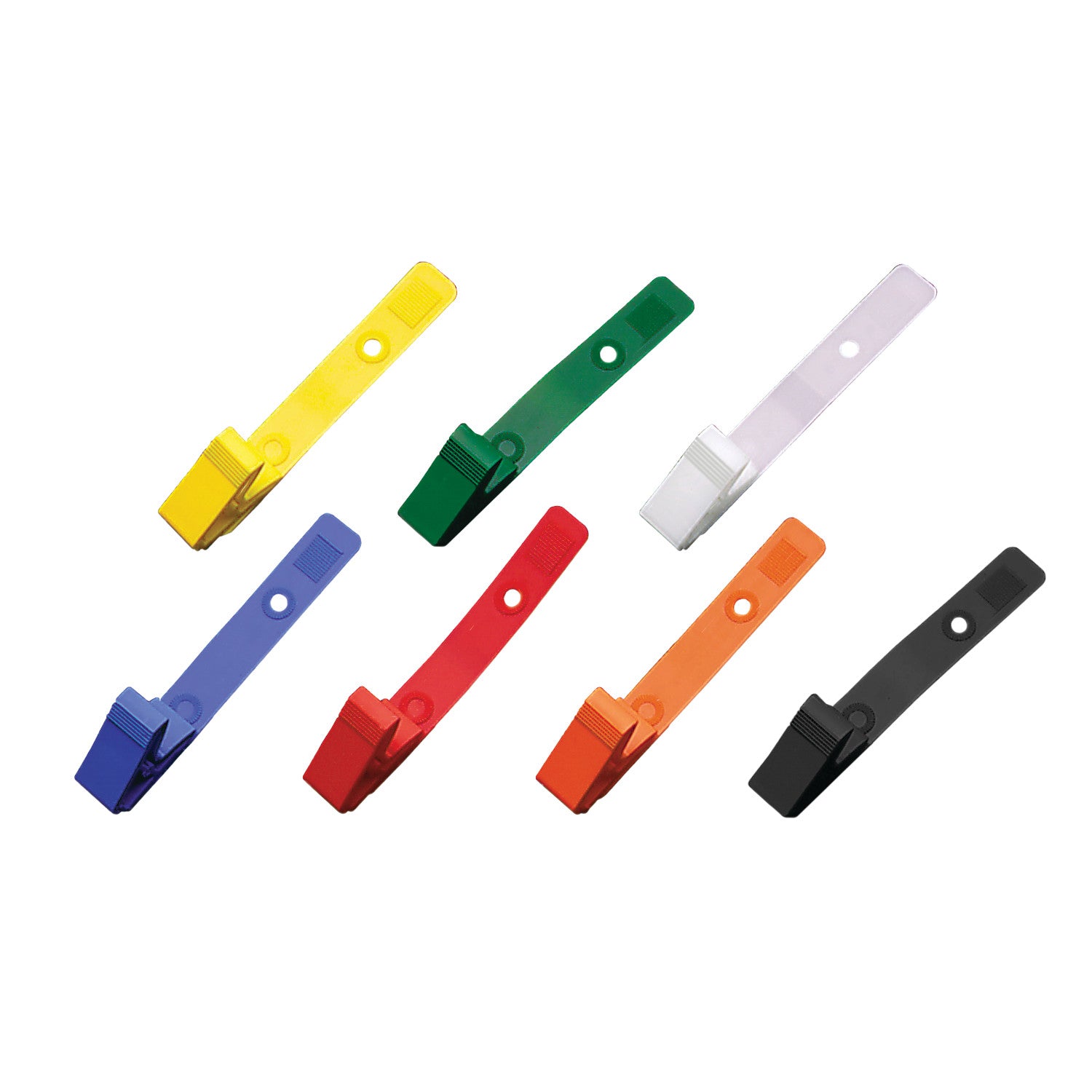 Seven MR-Safe Badge Clips in various colors, including yellow, green, white, blue, red, orange, and black, are displayed in a row.