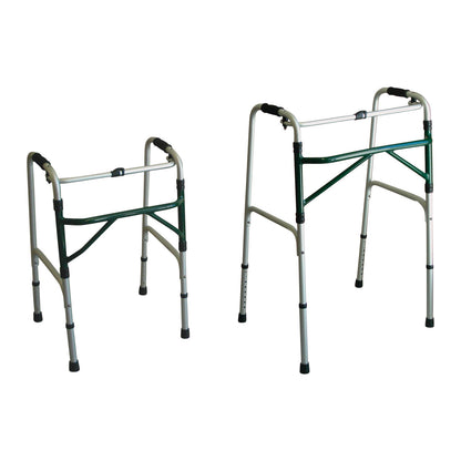 Two Folding Adjustable-Height Walkers with metal frames and green accents, featuring black hand grips and rubber-tipped legs.