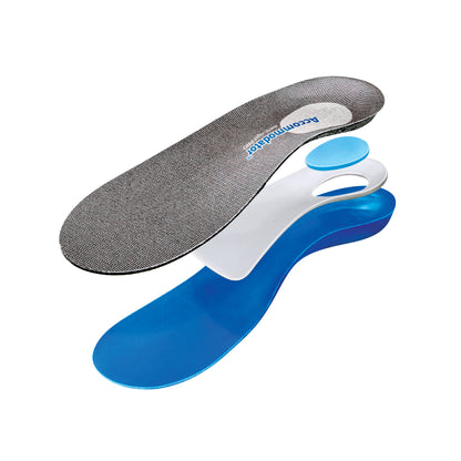 AliMed FREEDOM Accommodator Full-Length Semi-Rigid PRO Insole showing its layered structure with blue, white, and black components.