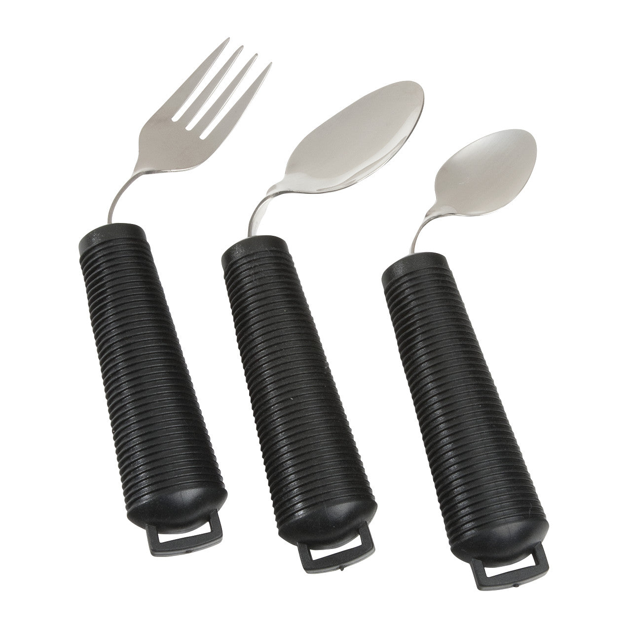 Three AliMed Grip Utensils include a fork, spoon, and teaspoon, each with a large, ribbed black handle for easy gripping.