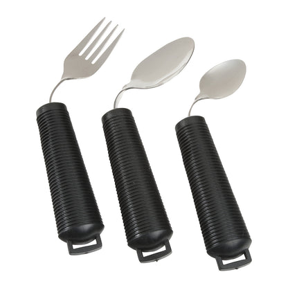 Three AliMed Grip Utensils include a fork, spoon, and teaspoon, each with a large, ribbed black handle for easy gripping.