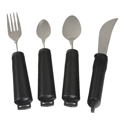 AliMed Grip Utensils include a fork, two spoons, and a knife, each with large black ribbed handles for easy gripping.