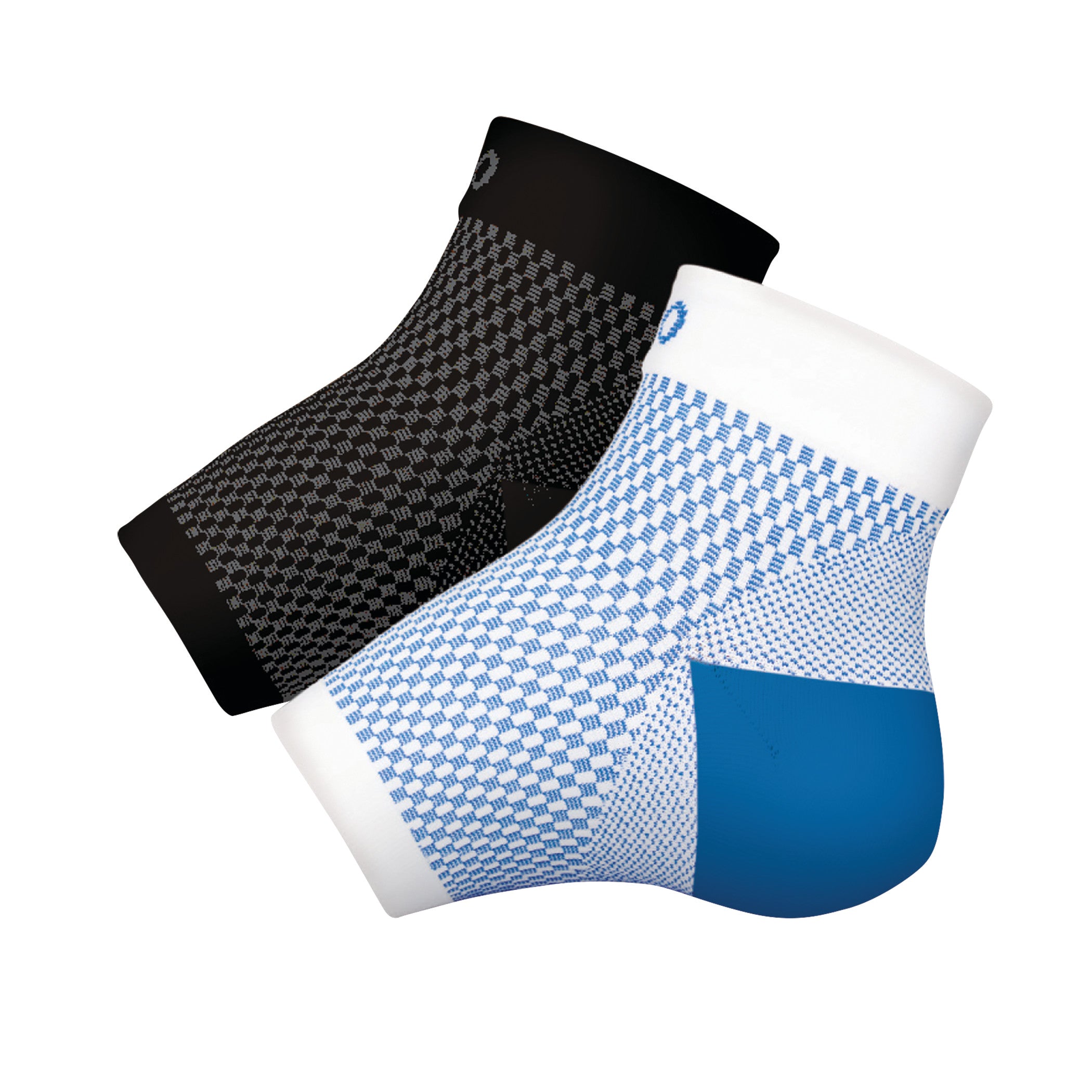 Two DARCO DCS Plantar Fasciitis Sleeves, one in black and one in white and blue, with a textured pattern.