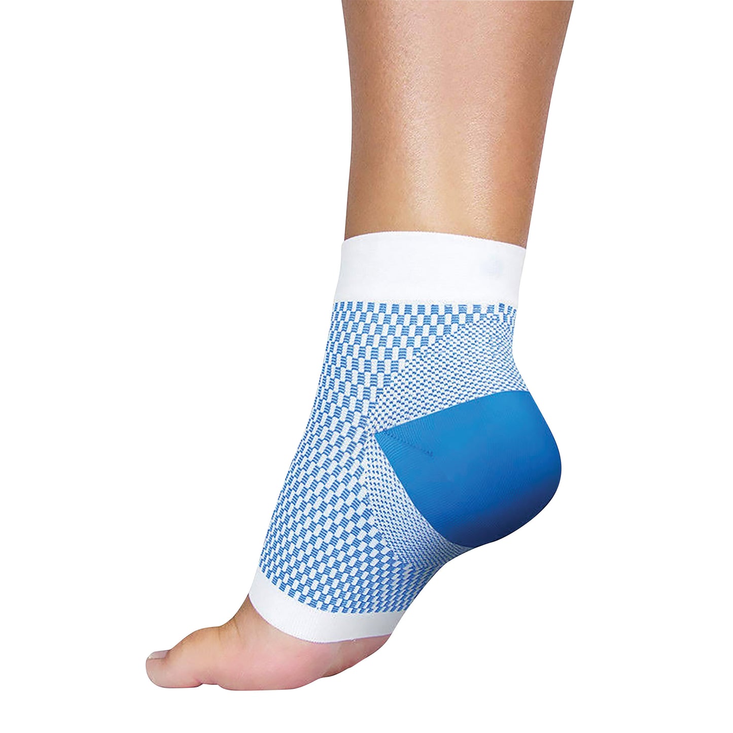 Person wearing a DARCO DCS Plantar Fasciitis Sleeve. It's a blue and white ankle support with a mesh pattern and solid heel.