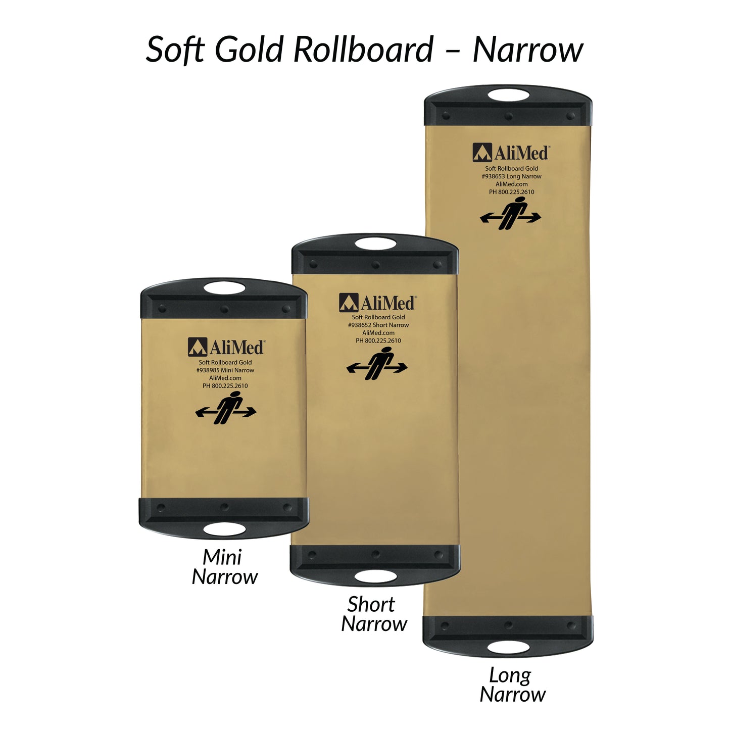 Three AliMed Soft Gold Rollboards of varying sizes are shown in a standing position. Each has black handles at both ends.