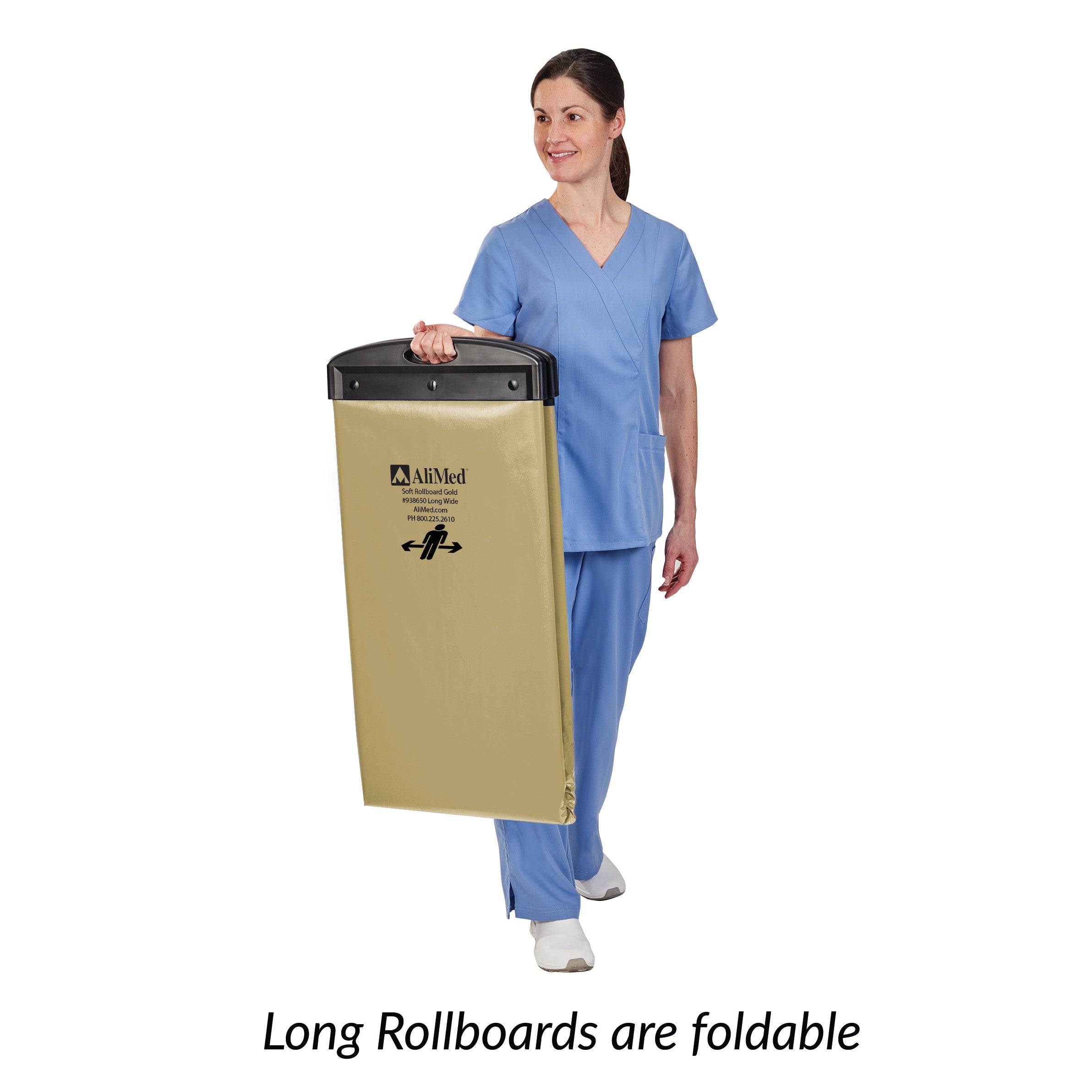 A person in medical scrubs holds a foldable AliMed Soft Gold Rollboard, showing its portability and ease of use.
