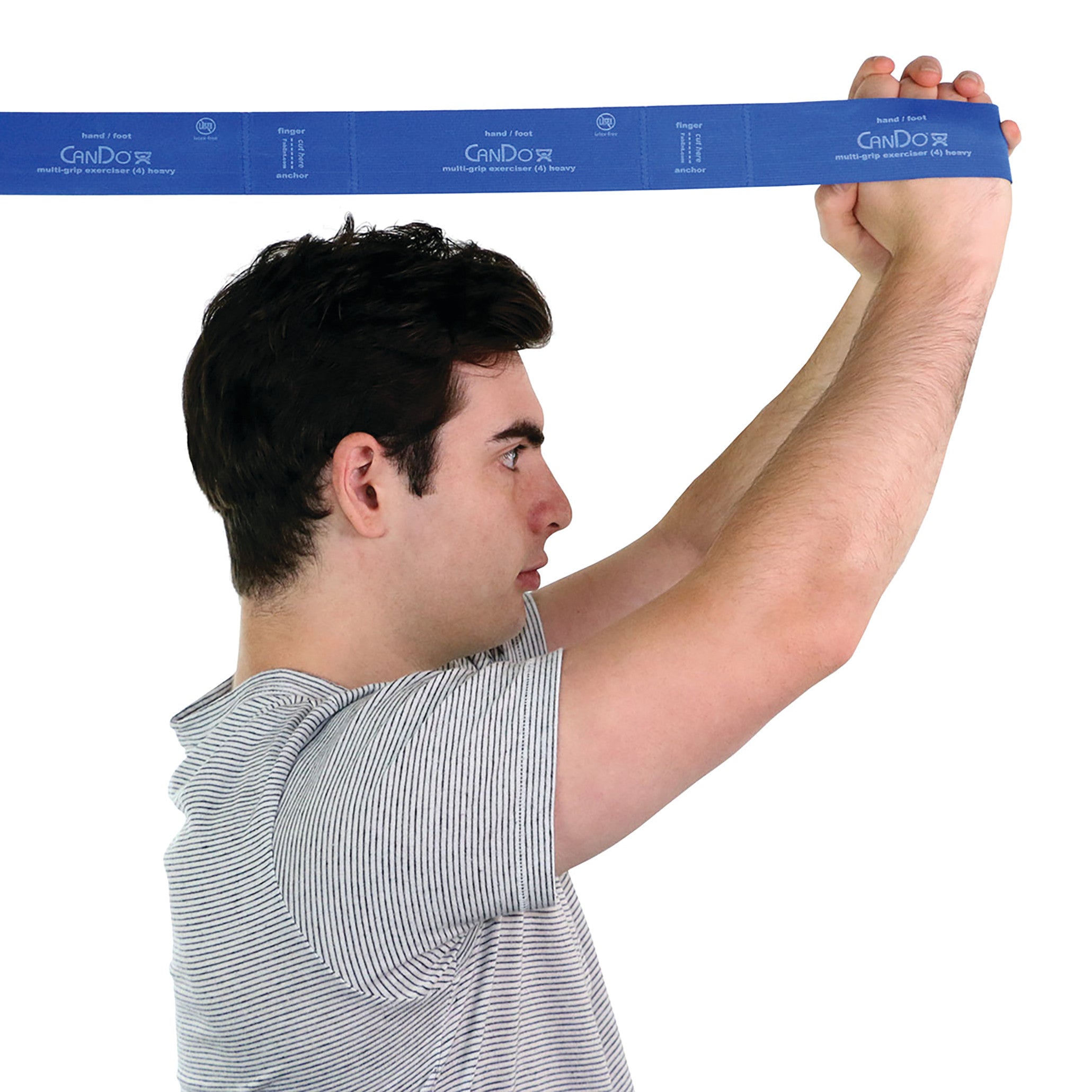A person uses the CanDo Multi-Grip Exerciser, a blue resistance band, holding it above their head.