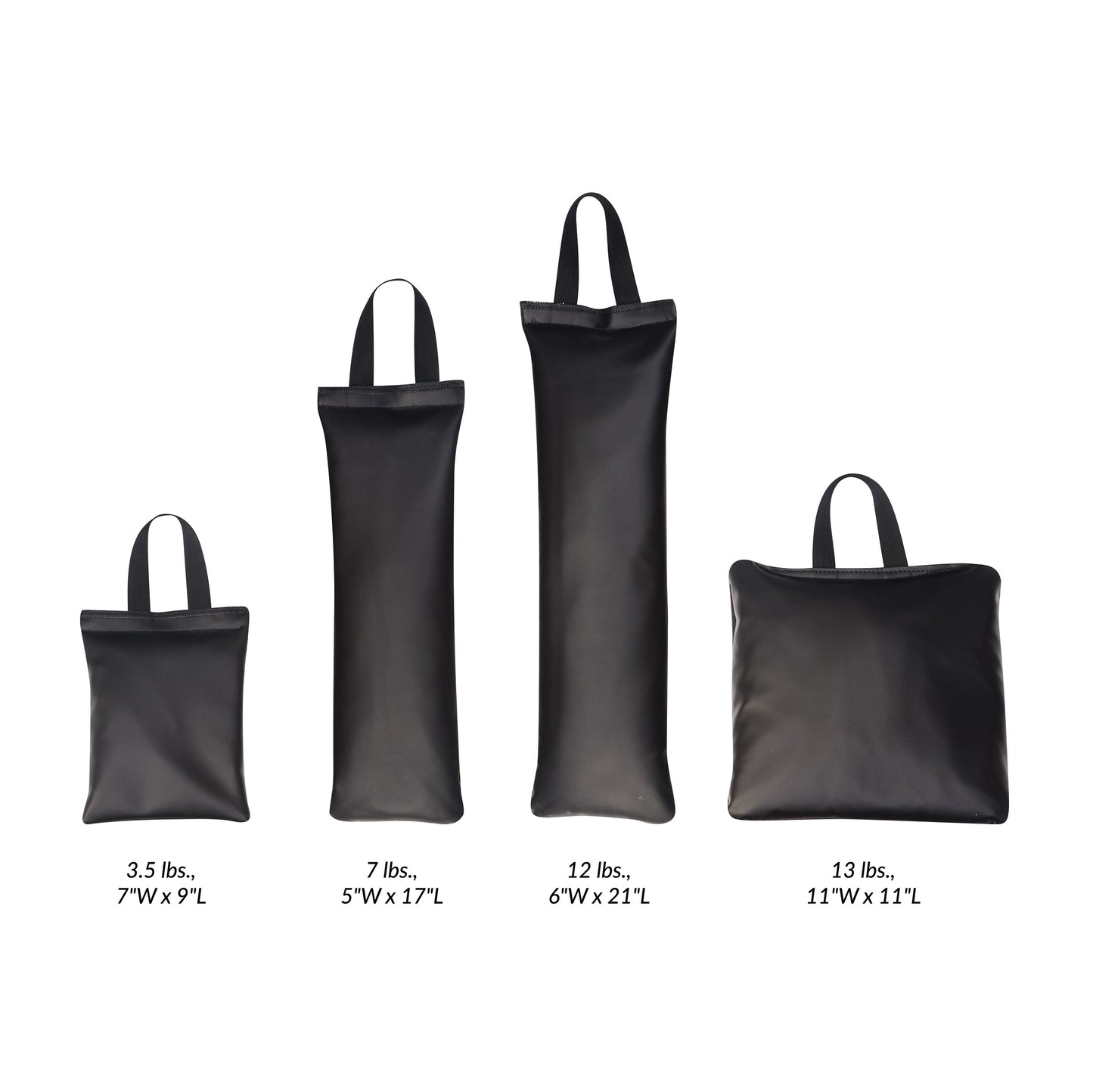 Four AliMed MR-Safe Cervical/Traction Sandbags of varying weights and dimensions, each with a handle for easy carrying.