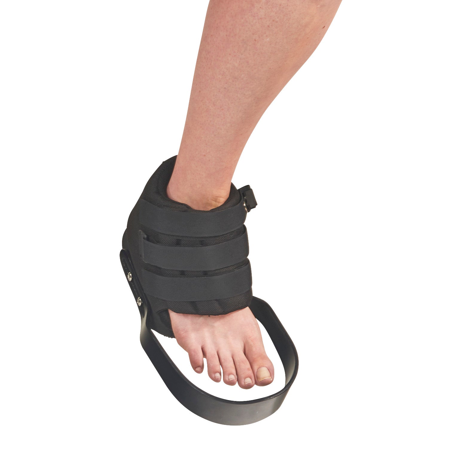 Leg in an AliMed Open Forefoot Orthosis with black straps, supporting an injured foot.