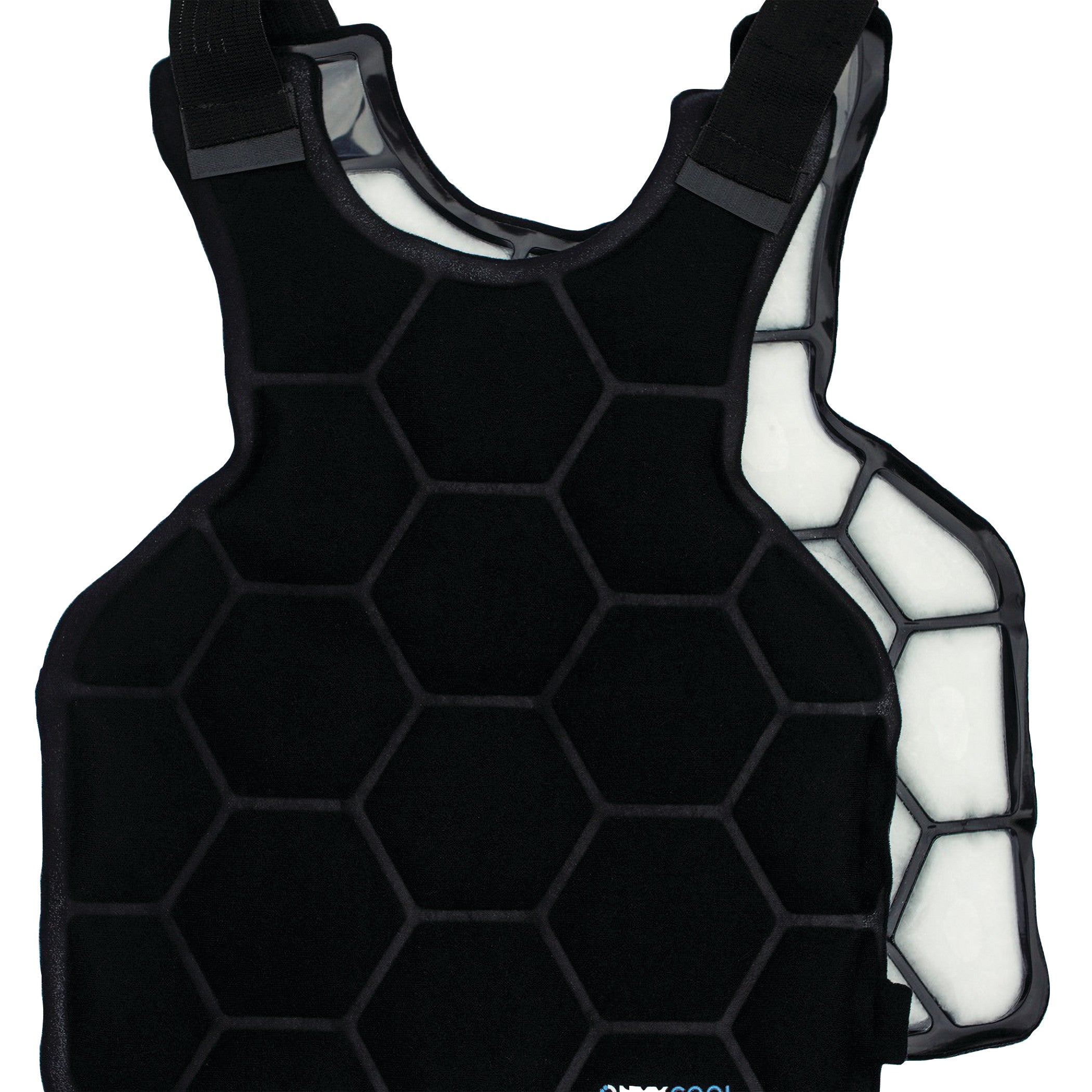 The Xena Therapies Onyx Cool Safety Pro Vest, featuring a black hexagonal pattern and adjustable straps.