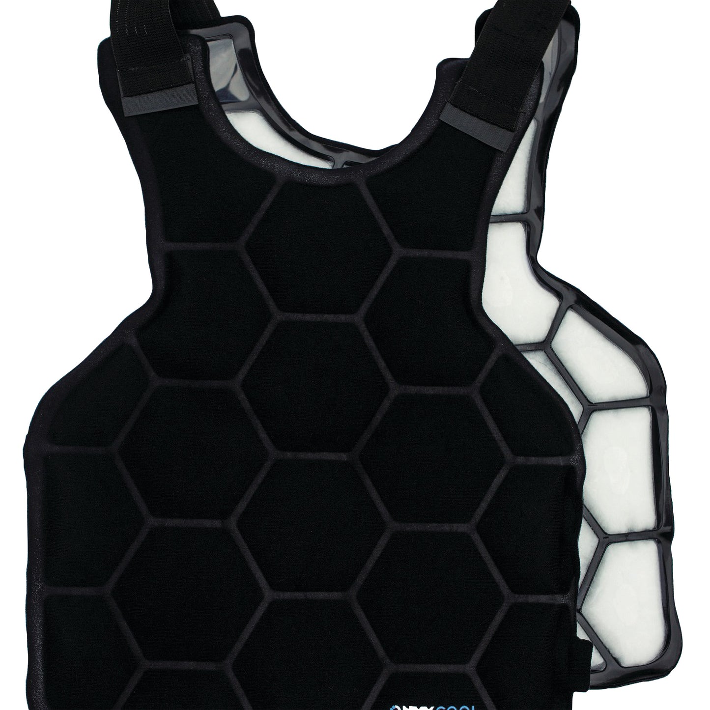 The Xena Therapies Onyx Cool Safety Pro Vest, featuring a black hexagonal pattern and adjustable straps.