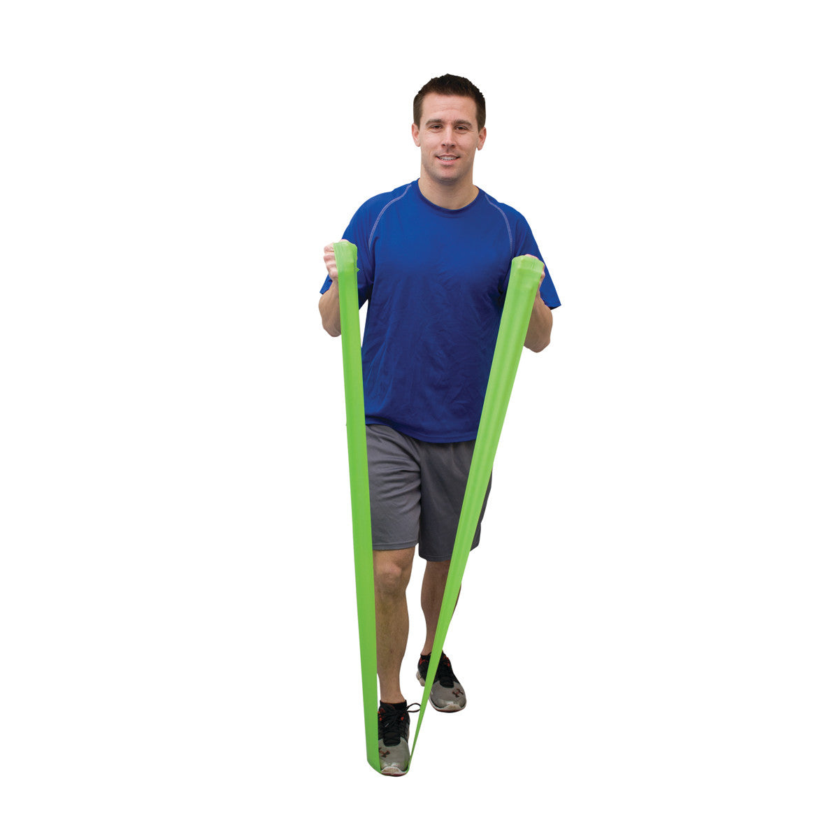 A man exercises with a green CanDo Val-U-Band Latex Exercise Band, wearing a blue shirt and gray shorts, on a white background.