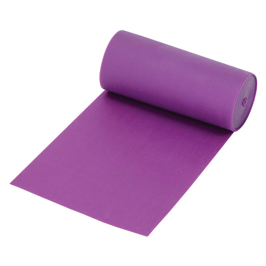 A purple CanDo Val-U-Band Latex Exercise Band partially unrolled, showcasing its smooth texture and vibrant color.