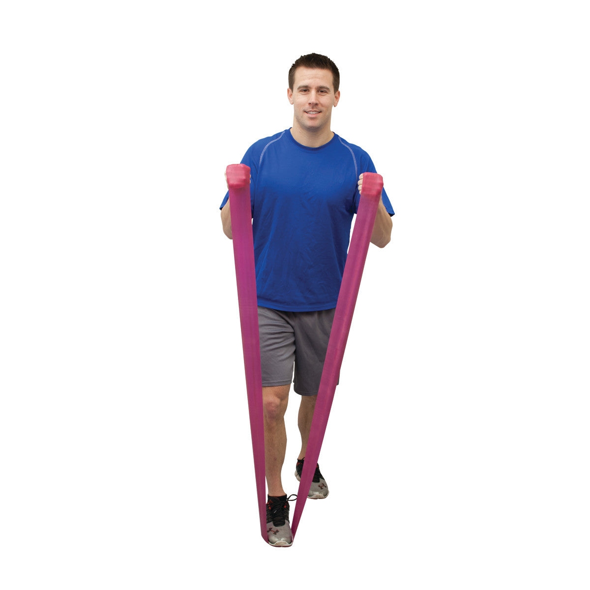 A person exercises with a pink CanDo Val-U-Band Latex Exercise Band, wearing a blue shirt, gray shorts, and black sneakers.