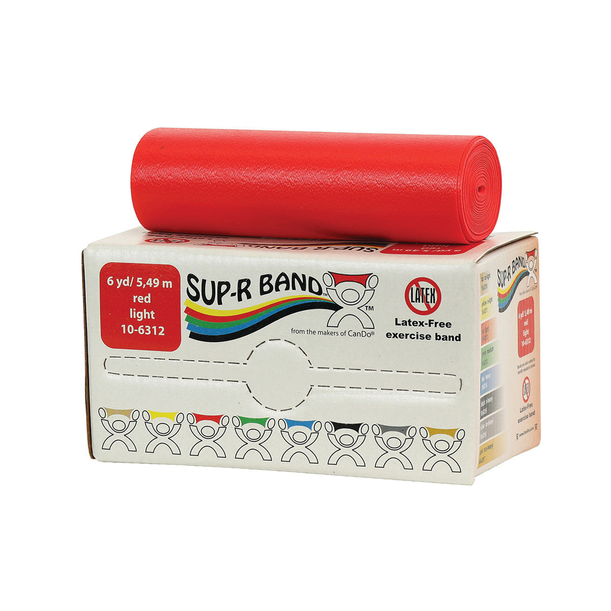 Box with a red rolled CanDo Sup-R Band Non-Latex Exercise Band on top. The box shows product details and colorful band icons.