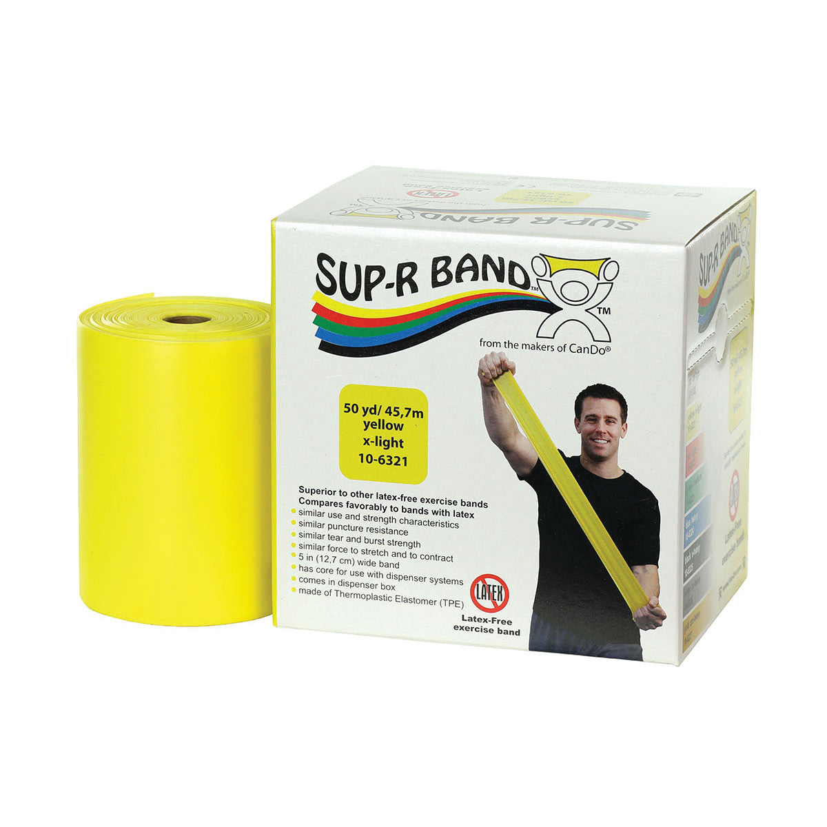 Yellow CanDo Sup-R Band Non-Latex Exercise Band, 50 yd roll. Box labeled "x-light" with a person holding a yellow band.
