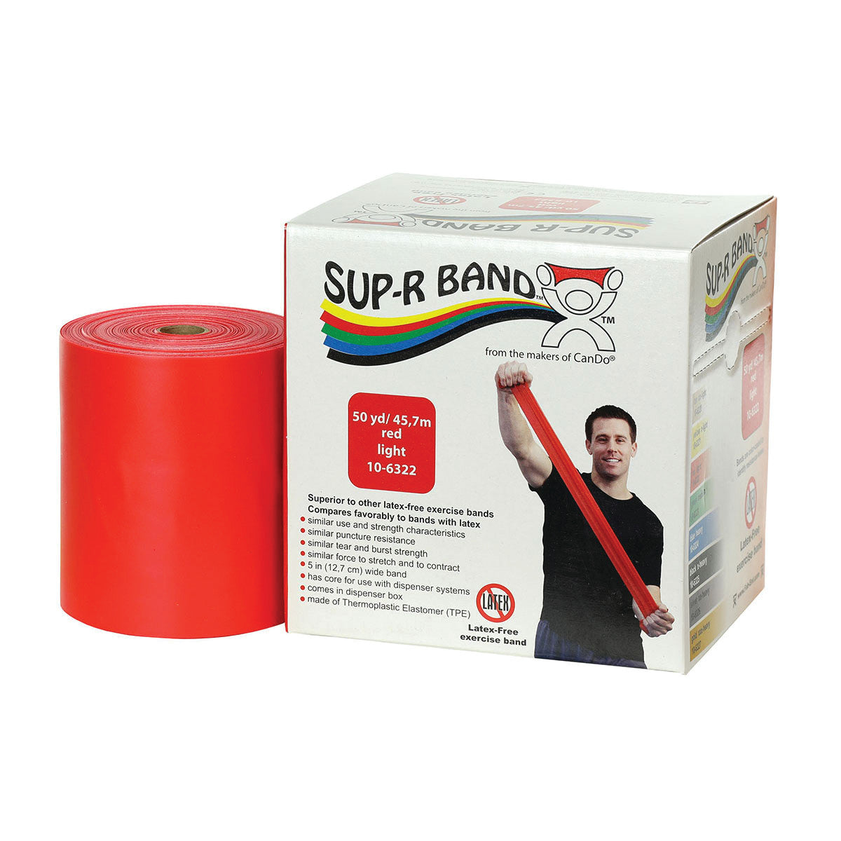 A red roll of CanDo Sup-R Band Non-Latex Exercise Band is next to its packaging box.